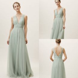 2019 BHLDN Bridesmaid Dresses V Neck Tulle Sleeveless Floor Length Mint Green Formal Occasion Dress Cheap Evening Gowns