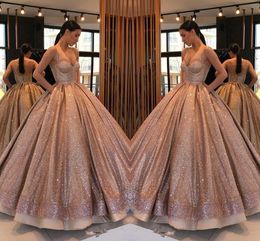 Rose Gold Arabic Champagne Ball Gown Quinceanera Dresses Spaghetti Straps Ruched Backless Sweet 16 Dresses Sequins Formal Dress Party Gowns