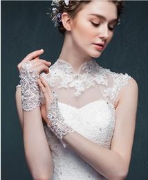 Fashion-Arrival woman party Lace Appliques Beads Fingerless Wrist Length With Ribbon Bridal Gloves Wedding Accessories 3colors free shipping