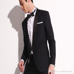 High Quality Black Groom Tuxedos Groomsmen Shawl Lapel Best Man Blazer Mens Wedding Suits (Jacket+Pants+Tie) H:958