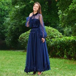 Elegant Blue Lace A Line Prom Dresses Custom Hollow Floor Length Evening Beads Long Sleeves Party Gowns Robe De Mariée