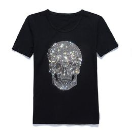 Shining Diamond Rhinestone Skull O-Neck Short-Sleeve Cotton T-Shirt Tee BlackHerren T-Shirts Herren