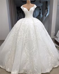 V Neck Wedding Dress Off Shoulder Lace Applique Wedding Gown A-Line Applique Plus Size Lace Ball Gown Wedding Dresses