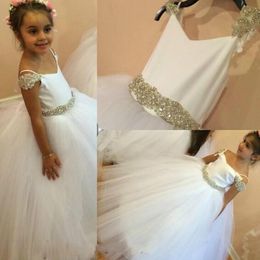 Sparkly Rhinestones Belts Girls Pageant Gowns 2019 Cold Shoulder Ball Gown Tulle Flower Girl Dresses For Wedding Country Special Occasion