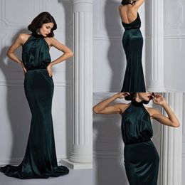 2020 Colourful Mermaid Evening Dresses Halter Sleeveless Ruched Backless Vevlet Prom Dress Sweep Train Formal Dresses