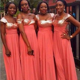 Coral Long Bridesmaid Dresses For Wedding Sequined Cap Sleeves Chiffon Long Maid Of Honour Gowns African Cheap Bridesmaid Dress 2019