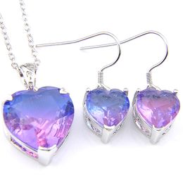 Luckyshine Wedding Jewelry Zestawy Unikalne Bi Colored Tourmaline Heart Crystal Cyrkon Srebrny Łańcuch Kolczyk Wisiorki Naszyjnik Zestawy Biżuterii