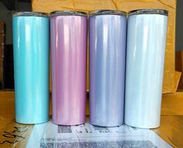 New 20oz Stainless Steel Skinny Tumbler Rainbow Tumblers Glitter Tumblers Vacuum Insulated Beer Coffee Mugs with Lid and Straw