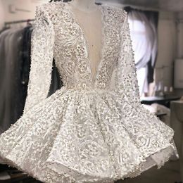 Real Image Lace Cocktail Dresses Long Sleeves Beaded Mini Skirt Short Prom Gowns Deep V Neck Celebrity Dress