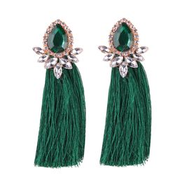 Wholesale-fashion luxury designer exaggerated vintage beautiful glittering diamond crystal long blue tassel stud earrings for women girls
