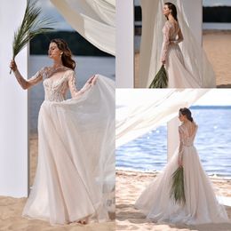 illusion wedding dress v neck appliqued lace sequins tulle long sleeve sweep train bridal dress backless robes de marie