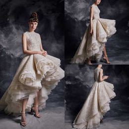 Modest Krikor Jabotian Jewel Sleeveless High Low A Line Evening Ruffles Lace Applique Crystal Formal Dresses Sweep Train Party Gown