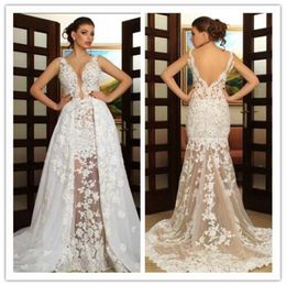 Charming Sexy V Neck Wedding Dresses With Overskirts Backless Lace Appliques Elegant Bridal Gowns Sweep Train Wedding Gowns Custom Made