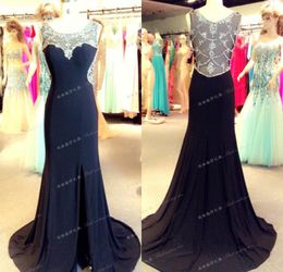 Elegant Backless Crystal Beaded Mermaid Evening Dresses Sheer Neck Chiffon High Slit Real Photos Plus Size Sexy Formal Prom Party Gowns