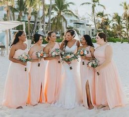 Blush Pink Side Split Long Bridesmaids Dresses 2019 One Shoulder Sleeveless Lace and Chiffon Maid of Honor Country Wedding Guest Gowns Cheap