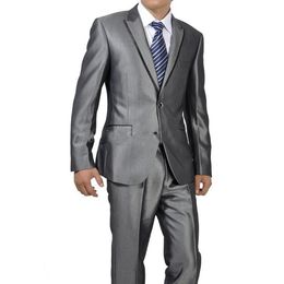 Fashion Shinny Grey Groom Tuxedos Excellent Peak Lapel Groomsmen Wedding Jacket Blazer Men Formal Prom/Dinner Suit(Jacket+Pants+Tie) 1202