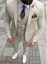 Slim Fit Beige Groom Tuxedos Notch Lapel Groomsman Wedding Tuxedos Fashion Men Prom Party Jacket Blazer 3 Piece Suit(Jacket+Pants+Tie+Vest)8