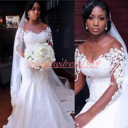 Stunning Mermaid African 2019 Wedding Dresses Applique Sheer Long Sleeve Lace Country Bridal Gown Church Bride Dress Vestido de novia Custom