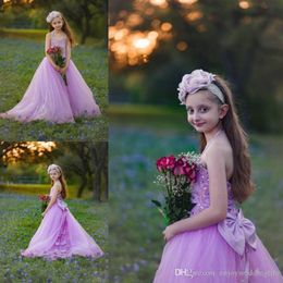 Light Elegant Purple Pageant Halter Neck Crystals Beaded Tulle Flower Girls Dresses for Wedding Satin Bows Kids Party Dress