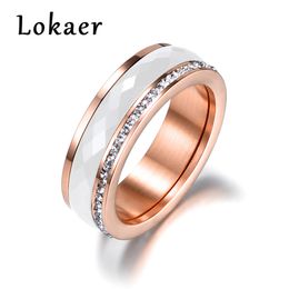 Lokaer Classic Titanium Steel White Ceramics Rings Jewellery Gold Colour Cubic Zirconia Wedding Engagement Rings For Women Anneaux