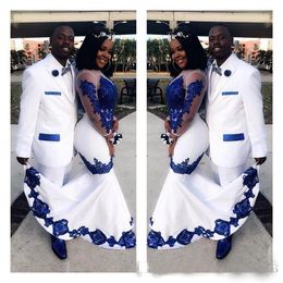 New White Satin Royal Blue Lace Aso Ebi African Dresses Long Illusion Sleeves Applique Formal Gowns Pageant Wedding Dress282e