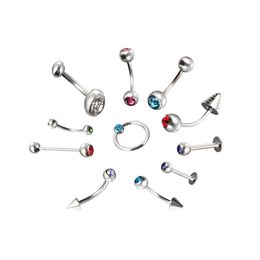 Mixed 11pcs/set 316L Stainless Steel Nose Eyebrow Tongue Nail Ear Stud Navel Lip Nipple Ring Colourful Gems Zircons Body Piercing Jewellery