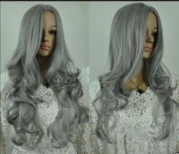 WIG free shipping Hot! Natural Wig beautiful mother's silver Grey long curly fibre hair wigs
