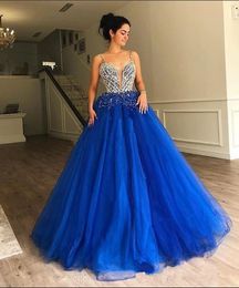 Prom Royal Blue Dresses Spaghetti Beaded Crystals Tulle Dress Evening Wear Vintage Sweep Train Formal Party Gowns