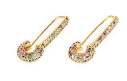 Wholesale-Fashion Women Earring Design With Full Crystal Safety Pin Shape Ear Wire Gold Plated Trendy Gorgeous Women Jewellery