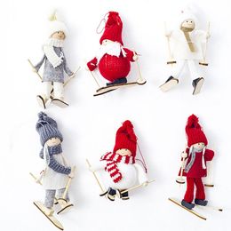 Mini Christmas Plush Doll Tree Pendant Figurine Xmas Santa Claus Decorations Skiing Wooden Toy Doll Hotel Christmas Decoration WX9-1754