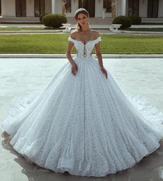 Sexy New Dubai A Line Wedding Dresses Off Shoulder Full Lace Appliques Beaded Tulle Court Train Arabic Backless Formal Bridal Gowns 403