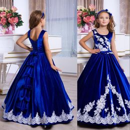 New Royal Blue Princess Pageant Veet Jewel Neck Ball Gown White Lace Appliques Bow Cheap Kids Wedding Flower Girls Dresses 403