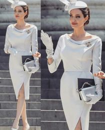 elegant white evening dresses bateau long sleeve highsplit ruched satin party wear kneelength cheap custom made formal women gown hot sell