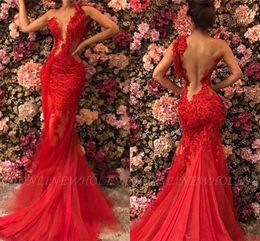 Cheap New Sexy Red Mermaid Prom Dresses Illusion One Shoulder Lace Applique Crystal Beading Tulle Custom Sheer Back Formal Evening Gowns