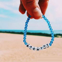 Creative DIY String Simple Lake Blue Crystal Beaded Bracelet Handmade Alphabet BREATHE Acrylic Bead Bangle Friendship Bracelet Jewelry Gifts