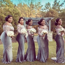 Plus Size Silver Bridesmaid Dresses Illusion Lace Long Sleeve Off the Shoulder Mermaid Floor Length Maid of Honour Gowns BD8914