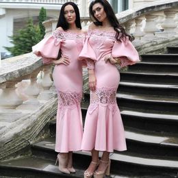 Elegant Pink Bridesmaid Dresses Bateau Long Lantern Sleeves Sheath Evening Gowns With Lace Applique Ankle-Length Custom Made Formal Dresses