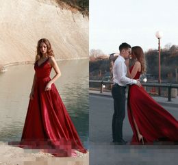 Red Soft Satin Side Split Elegant Evening Gowns Prom Dress V-neck Spaghetti Open Back Cocktail Party Bridesmaid Maid Of Honour Dress Cheap