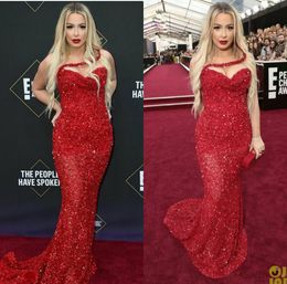Sparkly Red Evening Dresses Sweetheart Bling Bling Plus Size Mermaid Prom Gowns Long Formal Runway Fashion Party Dress