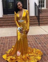 Sparkly Gold Sequined Mermaid Prom Dresses Deep V Neck Sweep Train Crystal Long Sleeve Evening Gowns Formal Dress ogstuff Robes De Soirée
