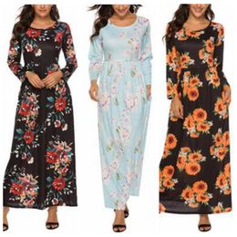 Floral Flowers Dresses Women Maxi Bohemia Dress Party Print Long Sleeve Dress Holiday Casual Dresses Pockets Fashion Vintage Dress B6696