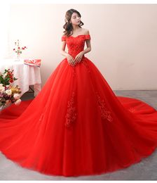 Red Ball Gown Non White Wedding Dresses Off the Shoulder Beade Lace Tulle Country Western Women Gothic Bridal Gowns Custom Made