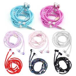 8 Colors Pink Girl Rhinestone Jewelry Pearl Necklace Earphones with Microphone Earbuds for Samsung Xiaomi Brithday Gift