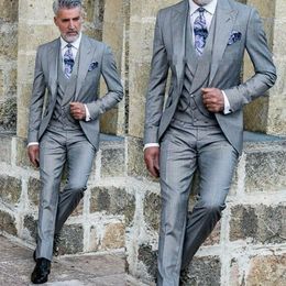 Grey Groom Wedding Tuxedos Men Groom Suits Peaked Lapel Slim Fit One Button Prom Party Dinner Blazer Jacket (Jacket+Vest+Pants)