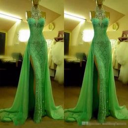 Sexy Halter Spring Green Mermaid Evening Dresses Side Slit Split Lace Chiffon High Neck Crystal Beaded Prom Party Gowns 401 401