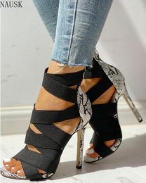 Designer- Pumps Fashion Bandage Patchwork Mixed Colours Snake High Heels Sandals Casual Shoes size37~43