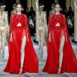 Zuhairmurad Red Customised Mermaid Evening Long Sleeve Formal Dress Tulle Lace Applique Crystal Tassel Split Party Bridesmaid Gown