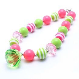 Fashion Drop Pendant Kid Chunky Necklace Green+Hot Pink Color Bubblegum Bead Chunky Necklace Children Jewelry For Toddler Girls