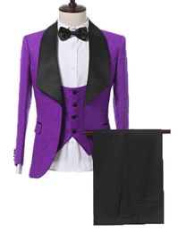 Brand New Men Suits Purple Pattern Groom Tuxedos Shawl Satin Lapel Groomsmen Wedding Best Man 3 Pieces ( Jacket+Pants+Vest+Tie ) L426