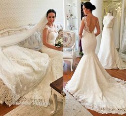 Mermaid Backless Dresses Full Lace V Neck Sweep Train Custom Made Garden Wedding Bridal Gown Robe De Mari E